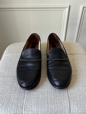 Franco Sarto Black Leather Chain-Trim Loafers